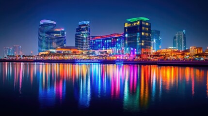 Fototapeta premium Dubai Festival City at night, featuring the brightly lit Hotel Crowne Plaza and Hotel Intercontinental with their reflections in the water.