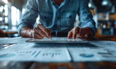 Fototapeta premium Middle-aged businessman reviewing digital contract on tablet, proofing e-document before e-signing via mobile app, project planning on tablet PC