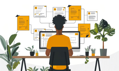 Female project manager using Kanban board agile methodology on laptop, software developer workflow, lean project management for rapid iterations