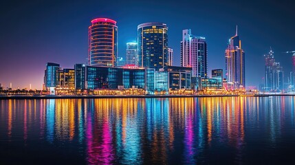 Fototapeta premium Duba Festival City illuminated at night, showcasing the Hotel Crowne Plaza and Hotel Intercontinental with their lights reflecting on water.
