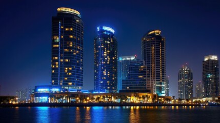 Fototapeta premium Dubai Festival City skyline at night, showcasing the illuminated Hotel Crowne Plaza and Hotel Intercontinental against the dark sky.