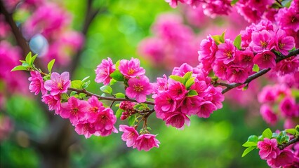 Vibrant pink flowers on a branch with green foliage and trees in the background