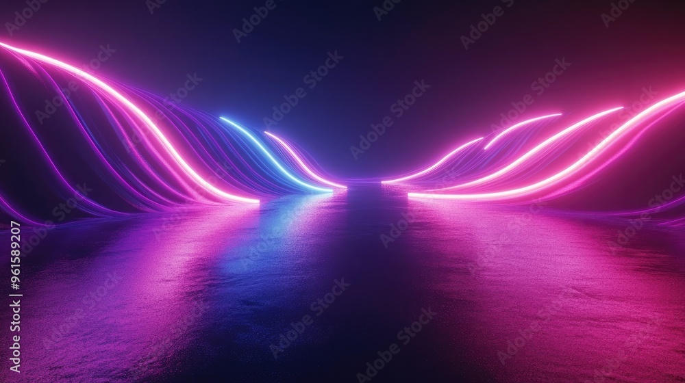 Poster dynamic 3d render of a neon wave with a dark setting and bright floor reflection, perfect for backgr