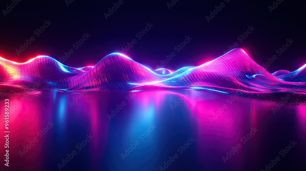 Poster dynamic 3d render of a neon wave with a dark setting and bright floor reflection, perfect for backgr