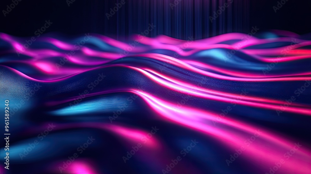 Poster dynamic 3d render of a neon wave with a dark setting and bright floor reflection, perfect for backgr
