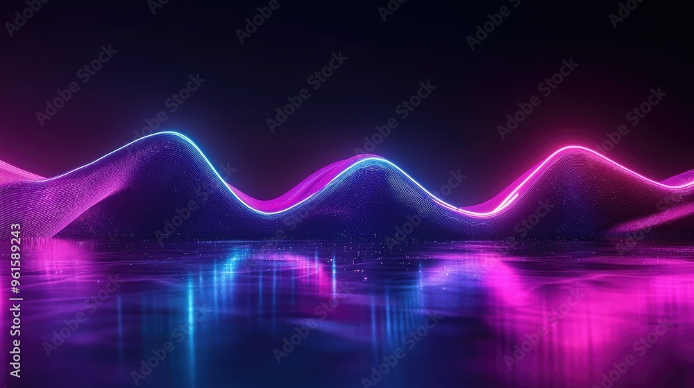 Poster dynamic 3d render of a neon wave in dark space, with its bright reflection on a polished floor, idea
