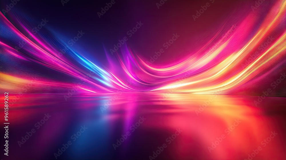 Poster dynamic 3d render of a neon wave in dark space, with its bright reflection on a polished floor, idea