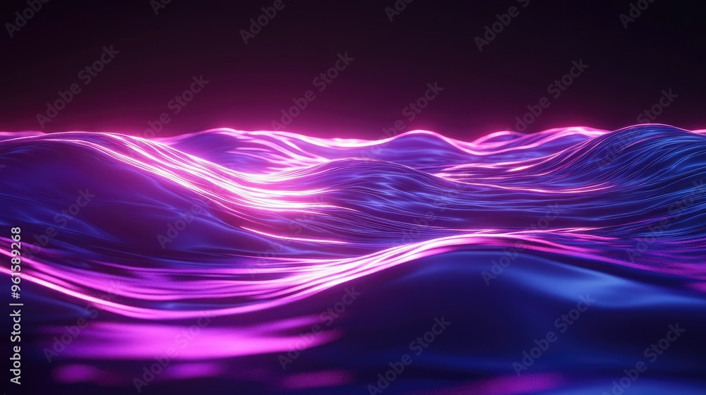 Poster dynamic 3d render of a neon wave with a dark setting and bright floor reflection, perfect for backgr