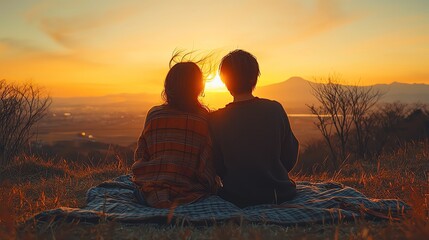Romantic sunset view of a couple sitting together on a blanket, enjoying a serene moment in nature with warm golden hues.