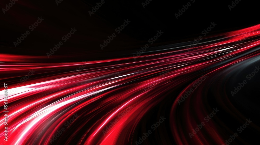 Poster dynamic red light streaks and curves in motion, set against a black backdrop for an abstract vector 