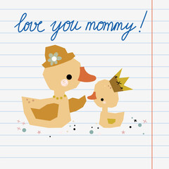 Mother's Day cute greeting card motherhood and kid duckling animal postcard poster