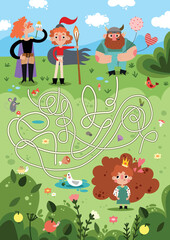 Obraz premium Cute viking king princess princess maze labyrinth childish toddler page game vector activity exercise book.