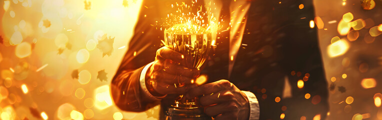 closeup of the hands of a priest holding a golden chalice with bokeh in the background