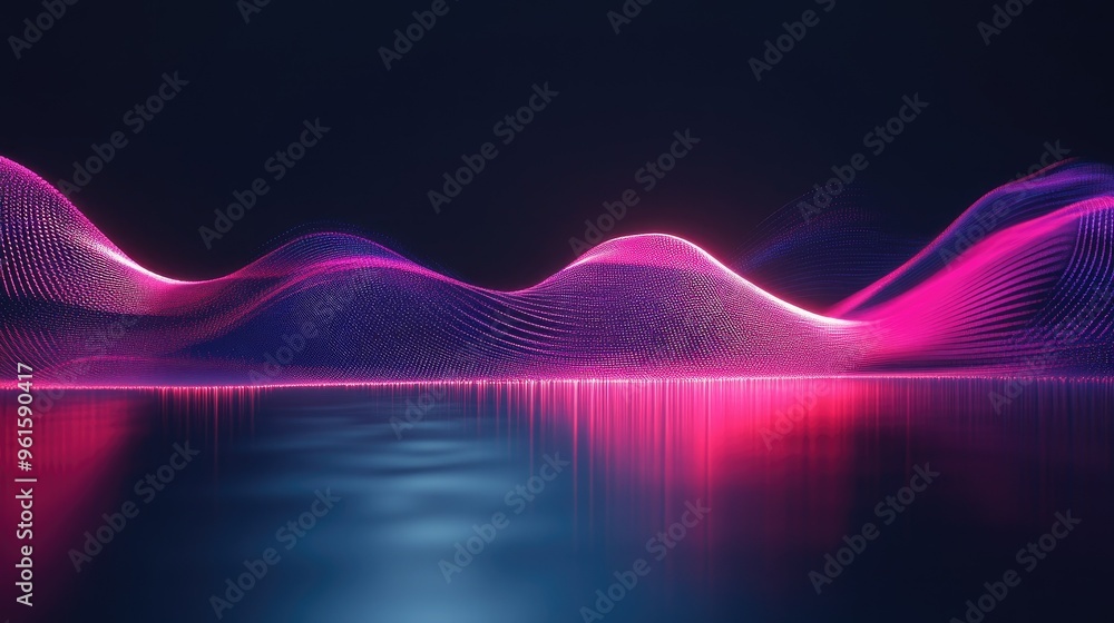 Poster elegant 3d neon wave in dark space, reflected dramatically on a sleek floor, creating a stunning vis