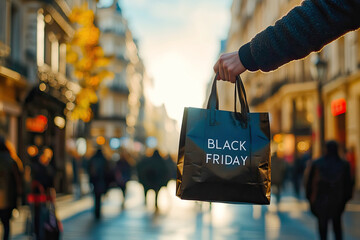 Obraz premium Close-up of a hand holding a shopping bag with Black Friday written on it
