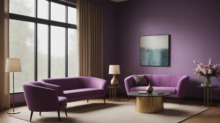 A beautiful living room with purple walls interior design, An empty interior room mockup template design.