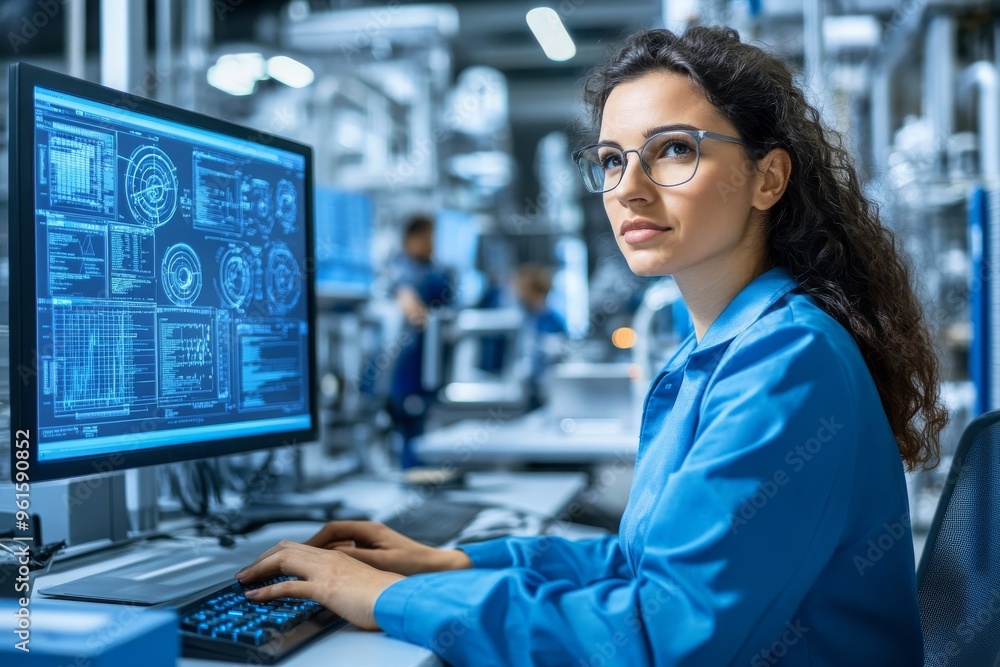 Aufkleber focused female engineer at a computer in a factory setting