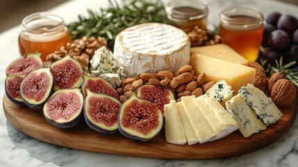 A beautiful arrangement of fresh figs alongside various cheeses, nuts, and honey jars