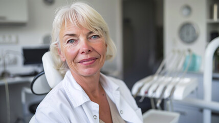 Fototapeta premium A satisfied elderly woman in the dentist's office. Diversity, equality, wellness, active aging, retirement. Bokeh in the background.