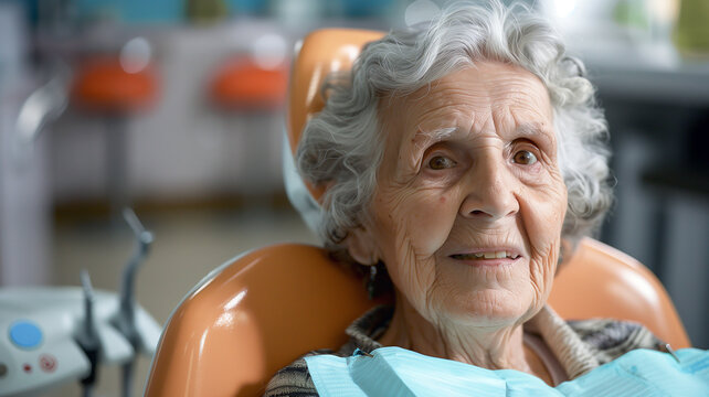 A satisfied elderly woman in the dentist's office. Diversity, equality, wellness, active aging, retirement. Bokeh in the background.