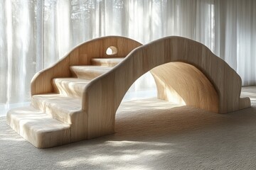 A wooden bridge with a handrail offers a playful climbing experience for children indoors