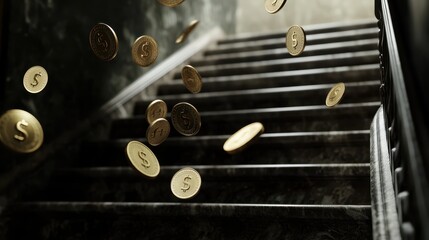 Golden Coins Falling Down a Staircase