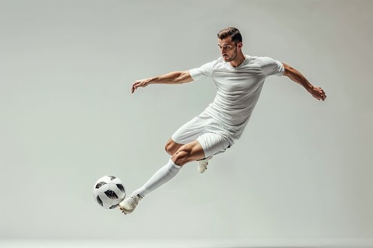 Athlete in white uniform kicking soccer ball indoors. Generative AI