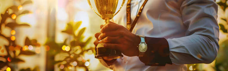 Extreme closeup of the hands of a priest holding a golden chalice with bokeh in the background