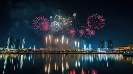 Fototapeta premium Fireworks light up the sky over Festival City, Dubai, on National Day, with reflections on the water enhancing the festive mood