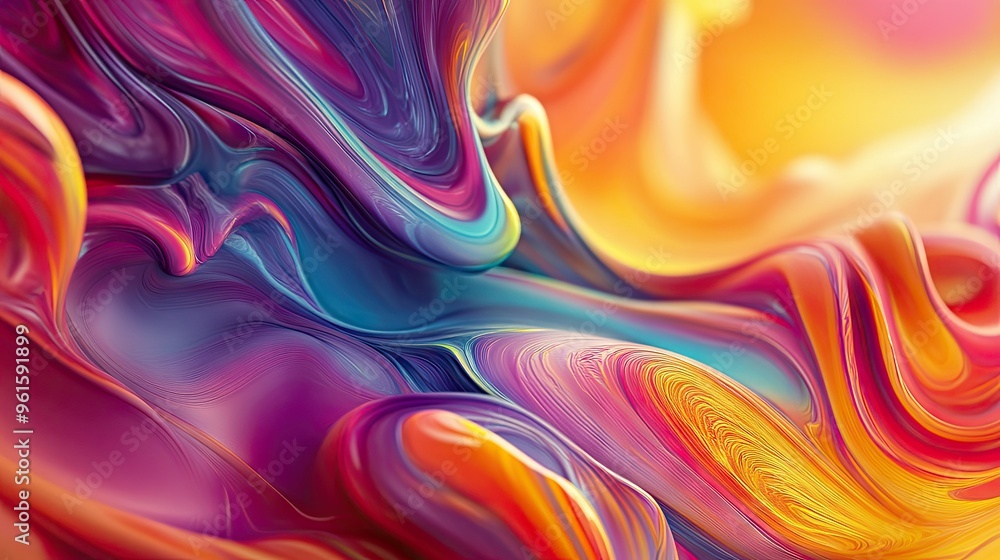 Poster flowing streams of vibrant colors in a 3d abstract design, forming an intricate fluid pattern that c