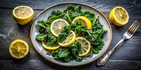 Dark leafy greens arranged on a plate with lemon slices, rich in vitamins, brain-boosting meal
