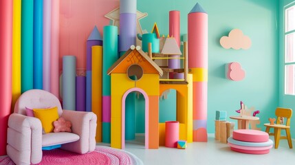 Playful and vibrant children room. Colored background.
