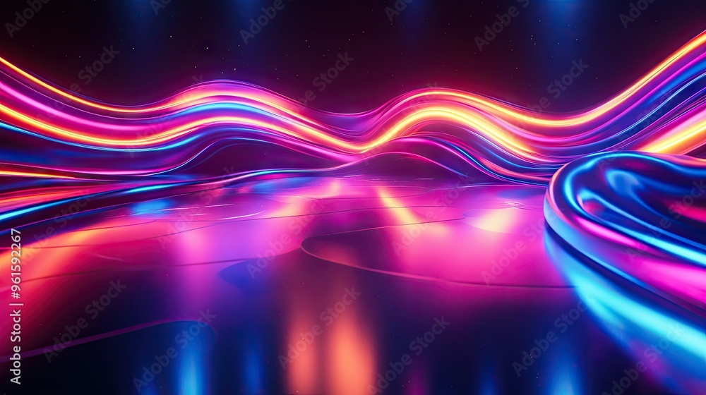 Poster futuristic 3d neon wave with dynamic curves and dark background, its vivid reflection creating a str