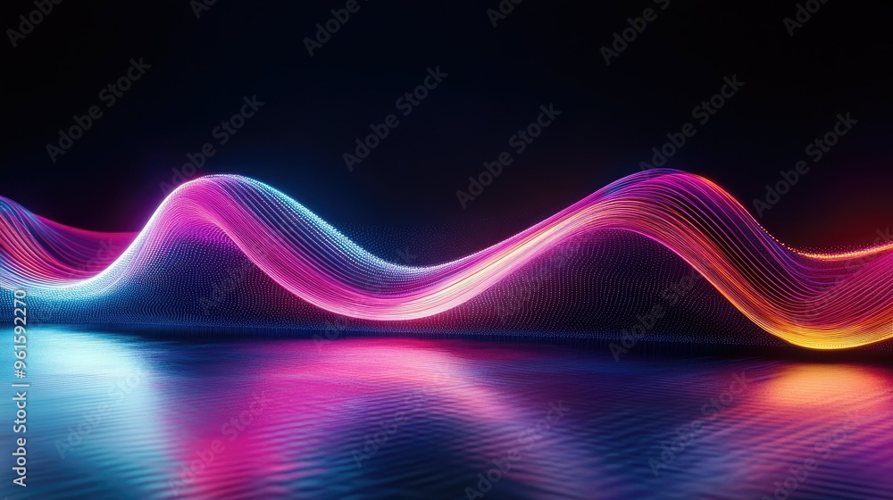 Poster futuristic 3d neon wave with dynamic curves and dark background, its vivid reflection creating a str