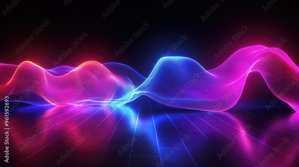Poster glowing 3d neon wave with a dark background, reflected on a glossy floor, creating a striking visual