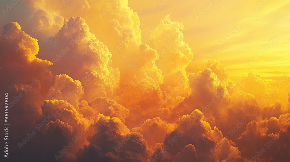 Poster golden light of dawn reflecting off cumulonimbus clouds, creating a sky filled with warmth and color