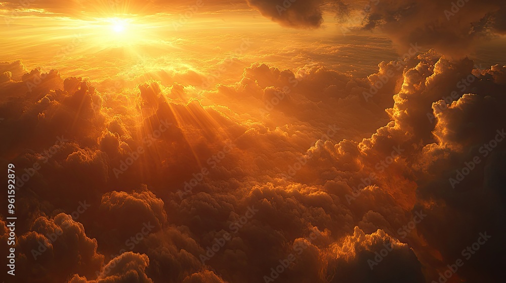 Poster golden rays of a setting sun illuminating a thick cloudscape, creating a majestic and tranquil scene