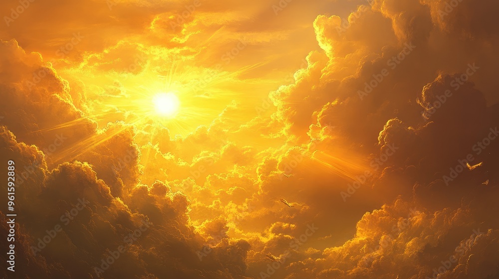 Poster golden rays of a setting sun illuminating a thick cloudscape, creating a majestic and tranquil scene