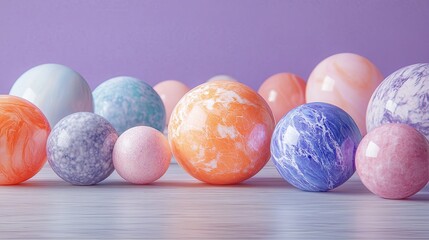5. Various marbles with unique patterns and hues scattered across a lavender background, with the light grey wooden floor and gradient pastel tones adding depth and elegance to the editorial