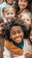 Fototapeta premium A joyful image of diverse, young children with arms around each other, including a child with dreadlocks in the center, exuding happiness and camaraderie in casual attire.