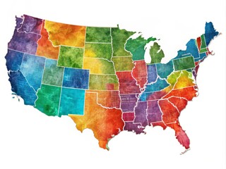 Colorful watercolor map of the United States showcasing vibrant regions and states.