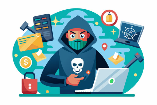 An individual wearing a hacker mask is seated in front of a laptop computer