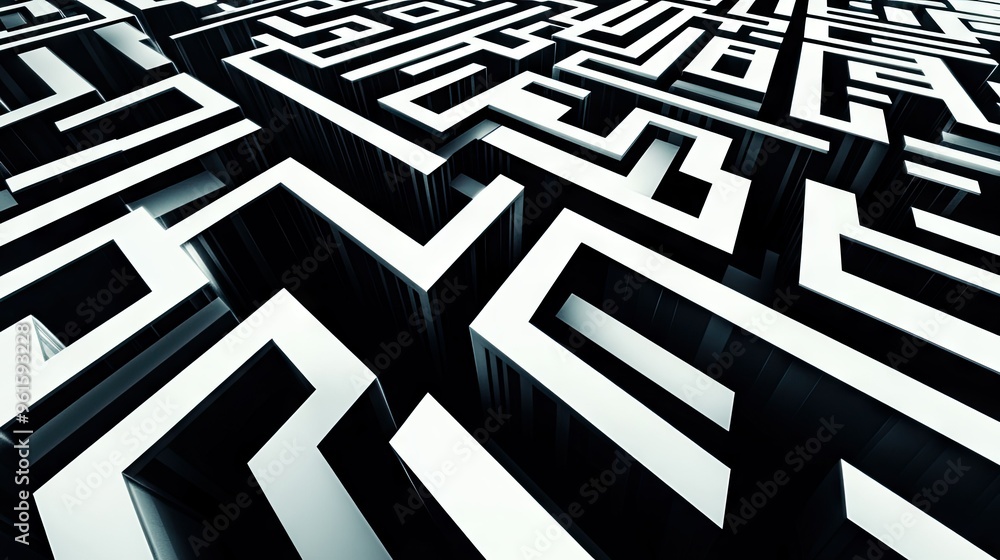 Poster high-contrast abstract lines forming a maze-like pattern, futuristic and intricate design