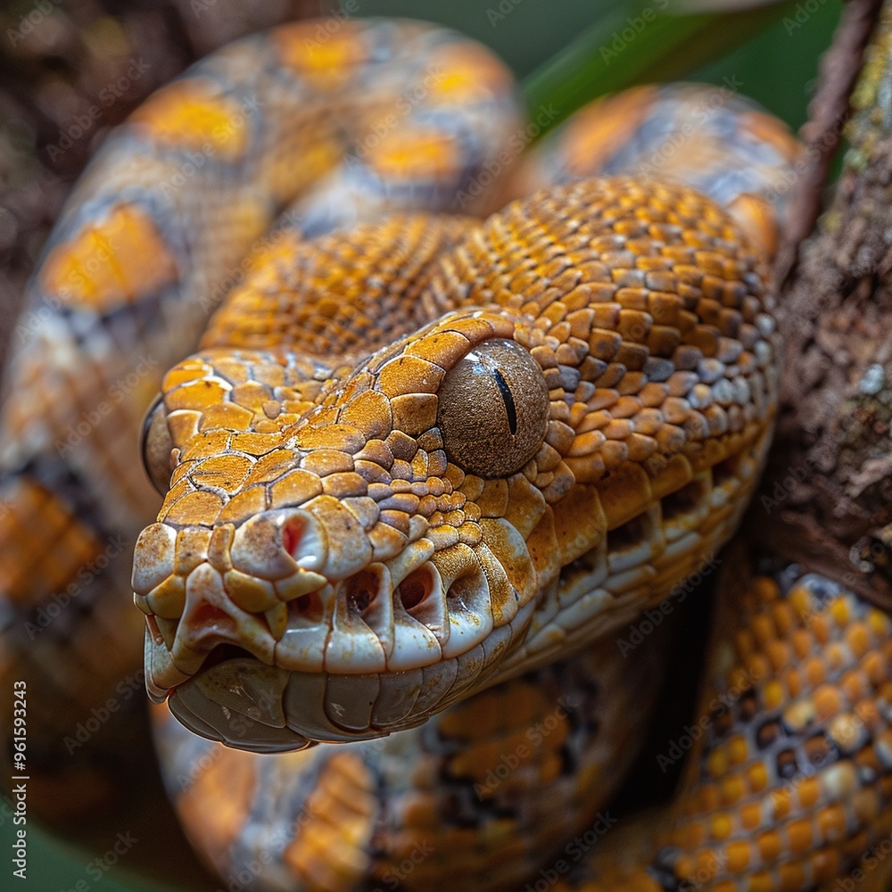 Wall mural python snake coiled on tree, closeup view of scales and predator features, exotic reptile in wild fo