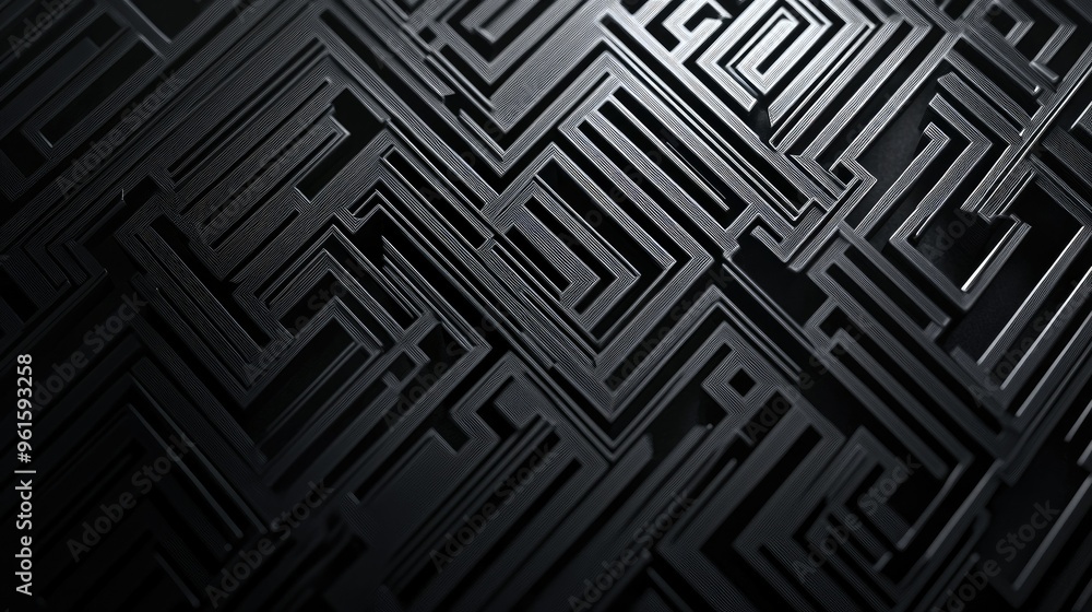 Poster high-contrast abstract lines forming a maze-like pattern, futuristic and intricate design