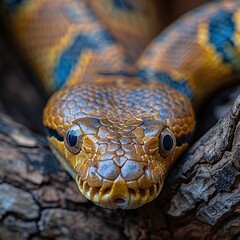 Fototapeta premium wild python snake closeup climbing tree in forest, predator reptile in natural jungle environment, detailed scales of exotic species