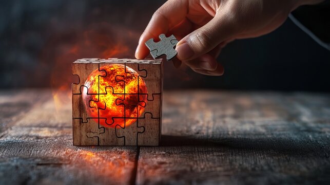 The Earth is getting hotter due to climate change. This is shown by a red-hot globe and a hand placing a piece of a puzzle onto a wooden cube. The puzzle represents the need to solve the problem 