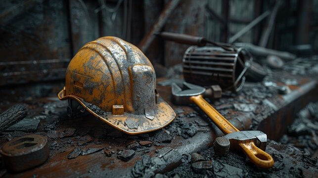 The image displays a mining environment with tools scattered on a gritty surface, hinting at abandonment and the harsh reality of coal mining work.