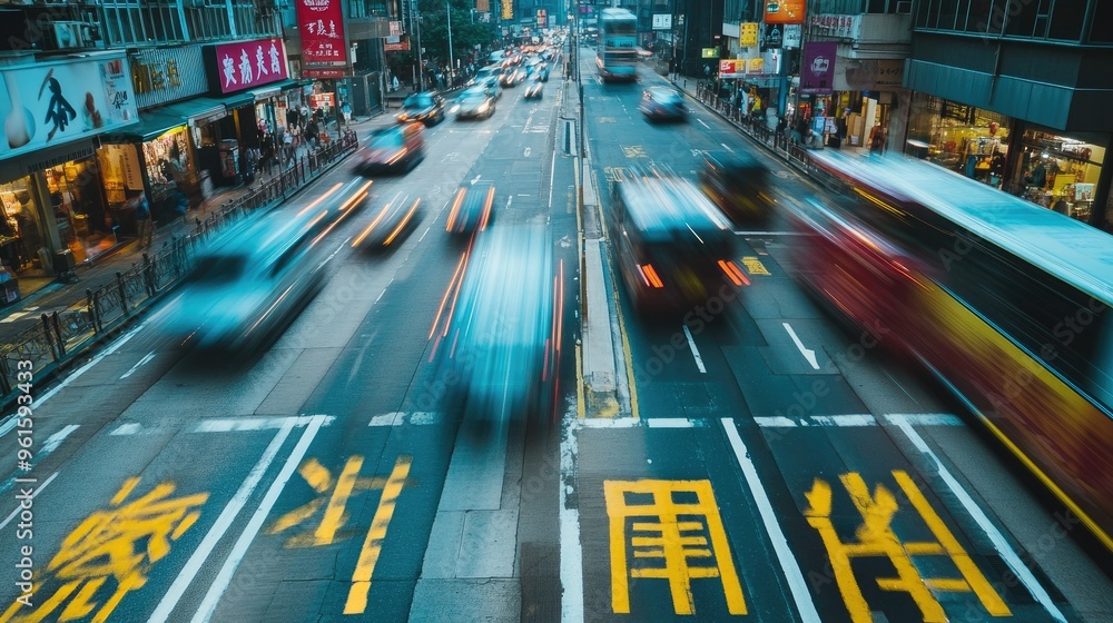 Poster high-speed blur of traffic in hong kong's urban center, with distinct chinese characters on road mar