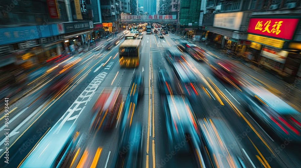 Poster high-speed blur of traffic in hong kong's urban center, with distinct chinese characters on road mar